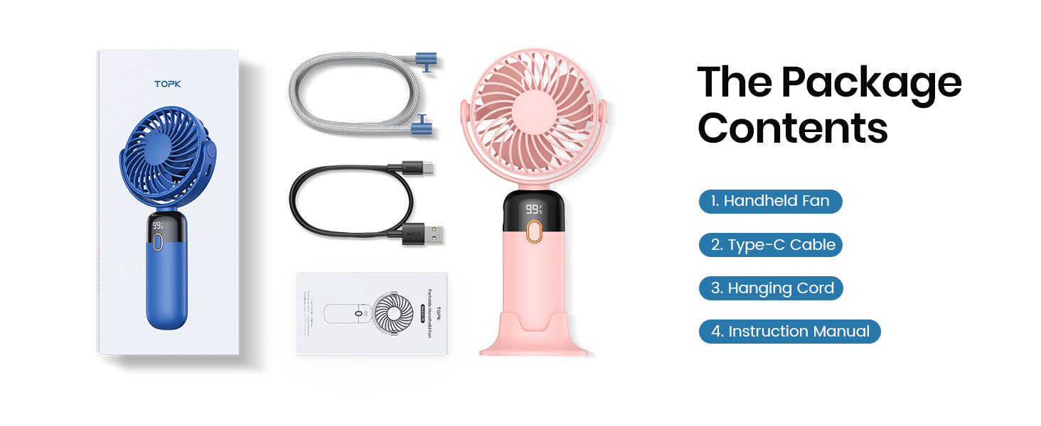 Warmco K70 handheld fan — brushless motor 4 quiet speeds smart LED