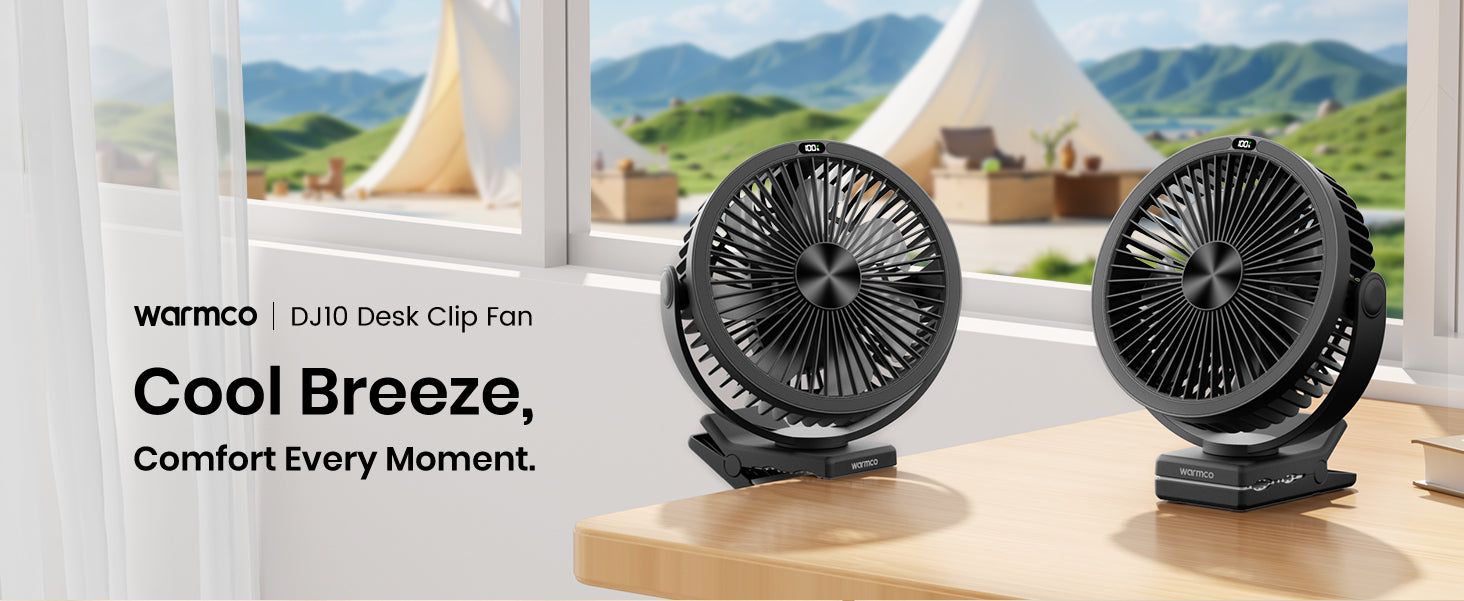 Warmco DJ10 clip fan — full view with clamp and hook