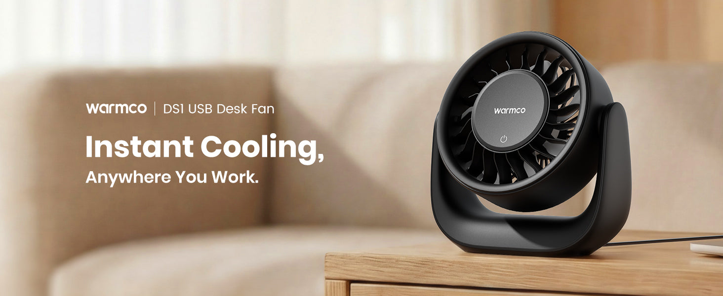 Warmco DS1 USB desk fan — full view compact design