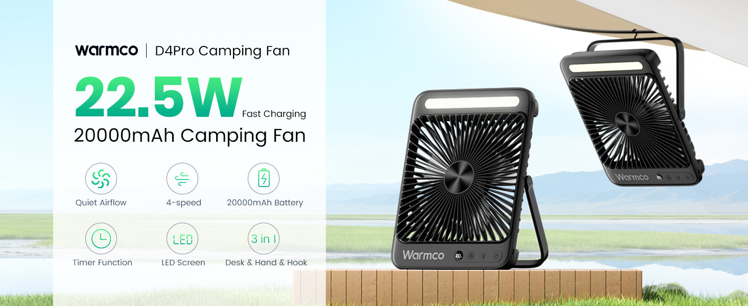 Warmco D4 Pro camping fan — full view with fast charge