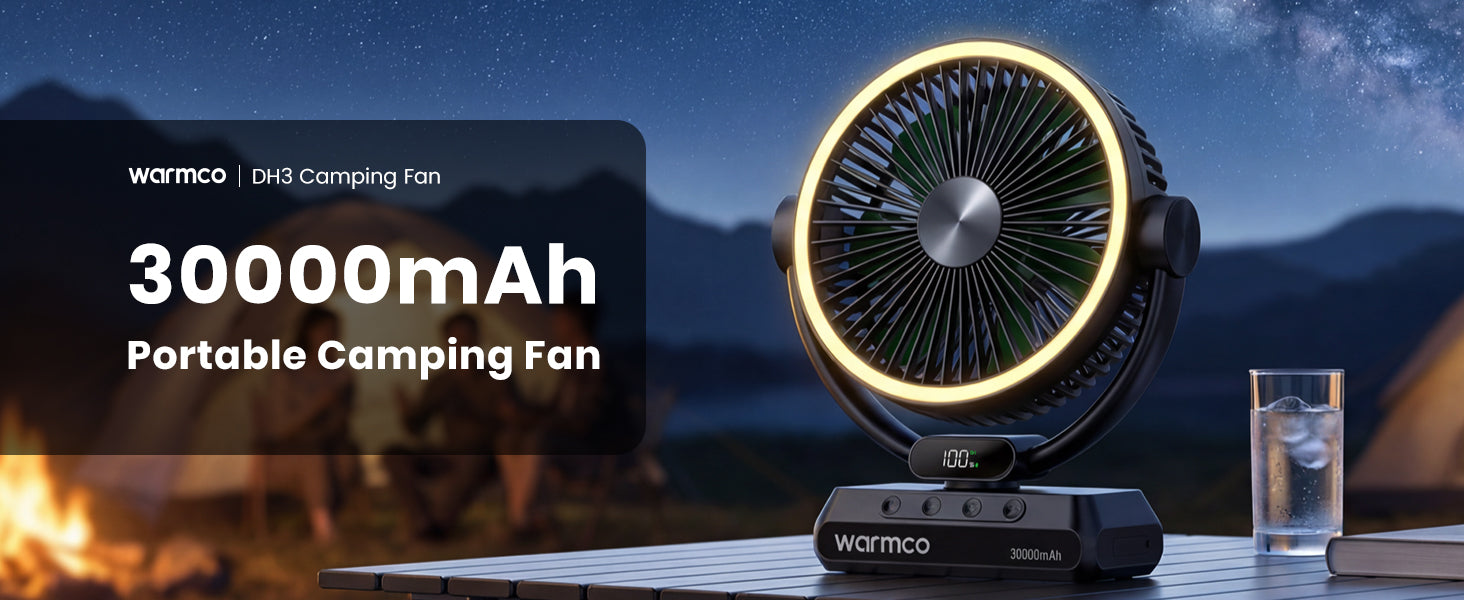 Warmco DH3 camping fan — full view LED light on