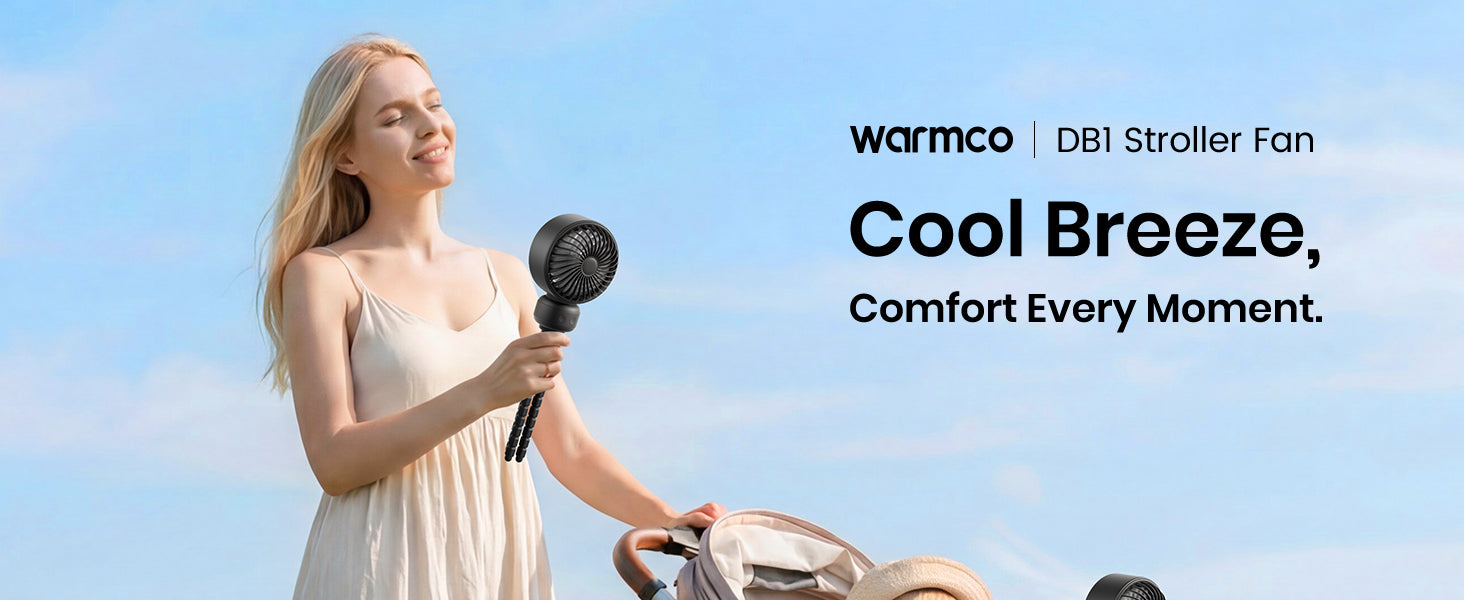 Warmco DB1 stroller fan — full view with tripod mount