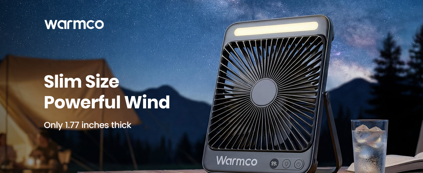 Warmco D4 camping fan — full view with LED light on