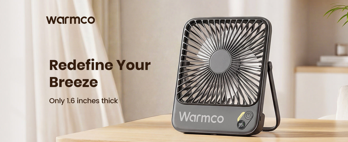 Warmco D3 desk fan — ultra-slim minimalist profile on a desk