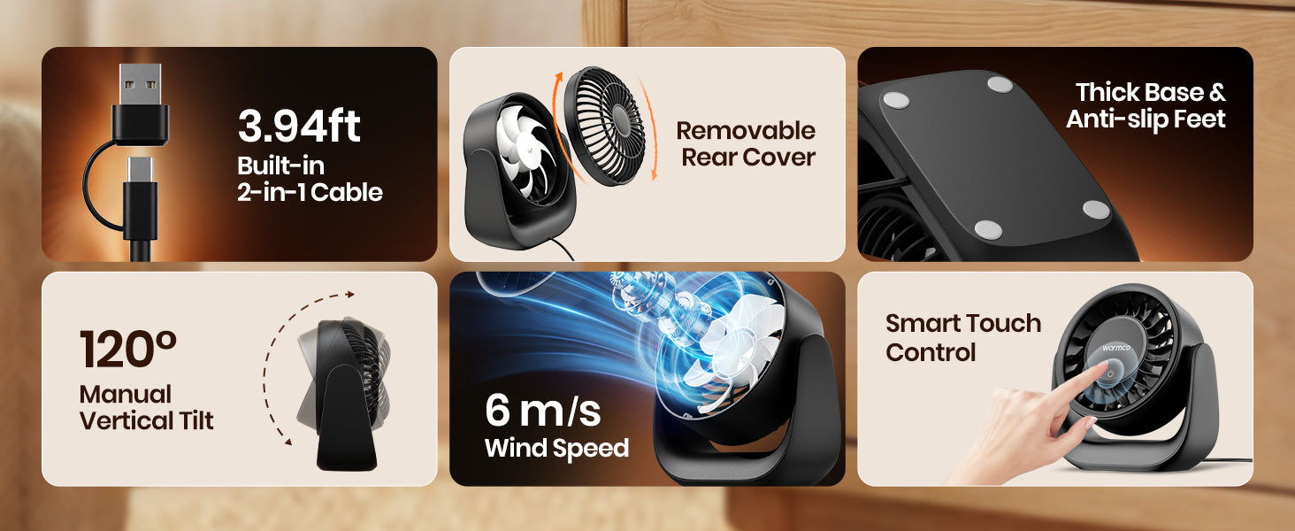 Warmco DS1 USB desk fan — 6m/s brushless motor quiet operation