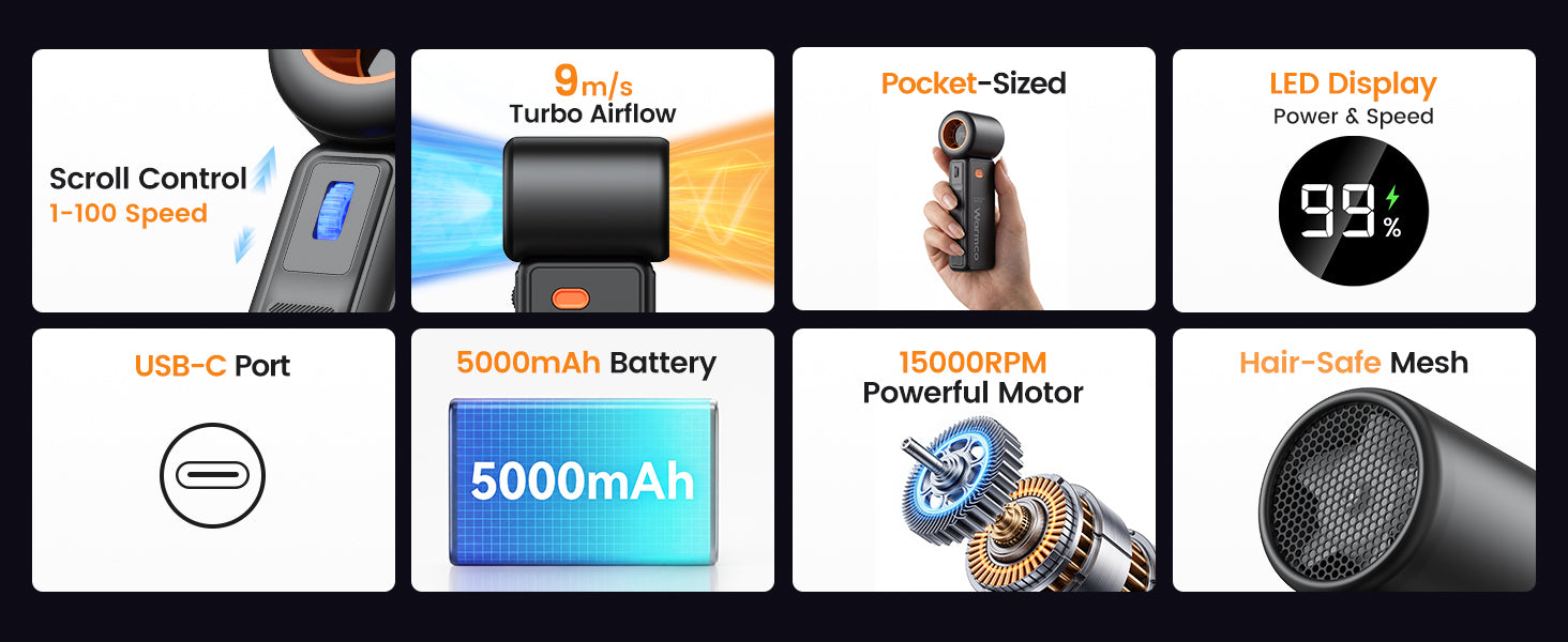 Warmco H1 handheld fan — 15000RPM brushless motor TurboDrive