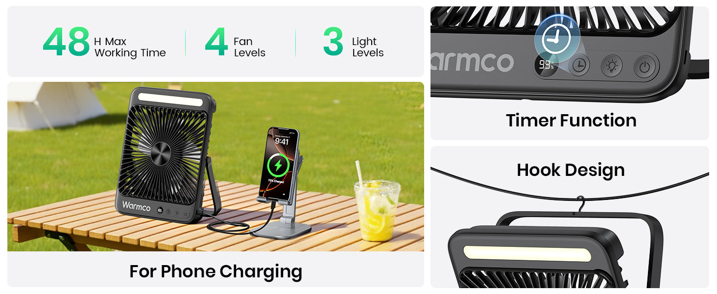 Warmco D4 Pro camping fan — smart timer 1-2-4-8 hours