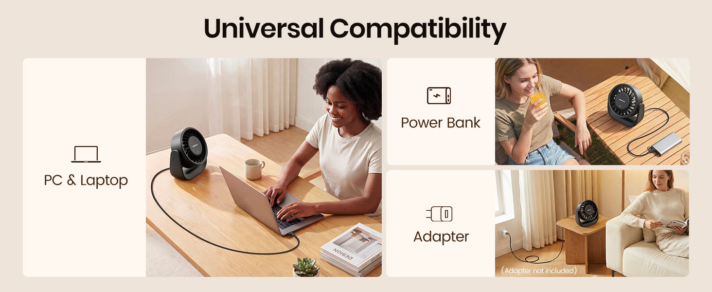 Warmco DS1 USB desk fan — 90° wide airflow 120° manual tilt