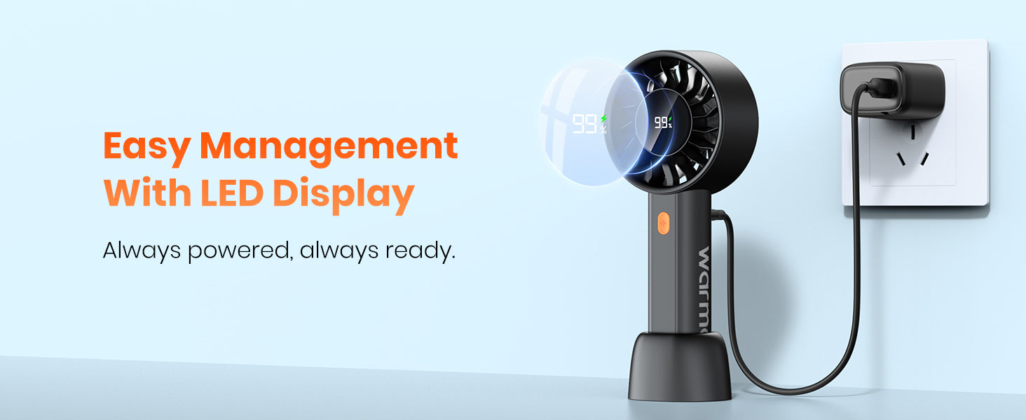 Warmco HC2 handheld fan — LED battery percentage display