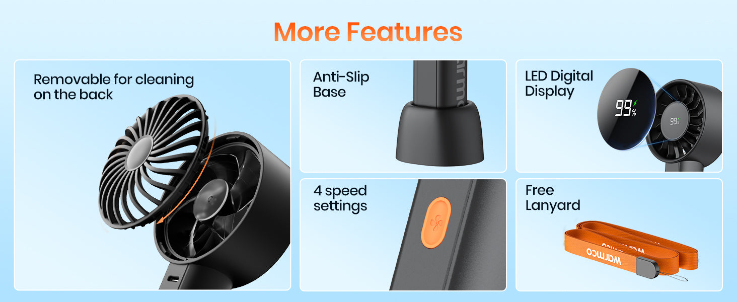 Warmco HC2 handheld fan — hands-free lanyard ergonomic grip