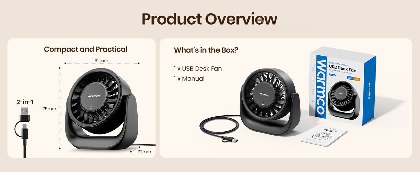 Warmco DS1 USB desk fan — specs and use scenarios