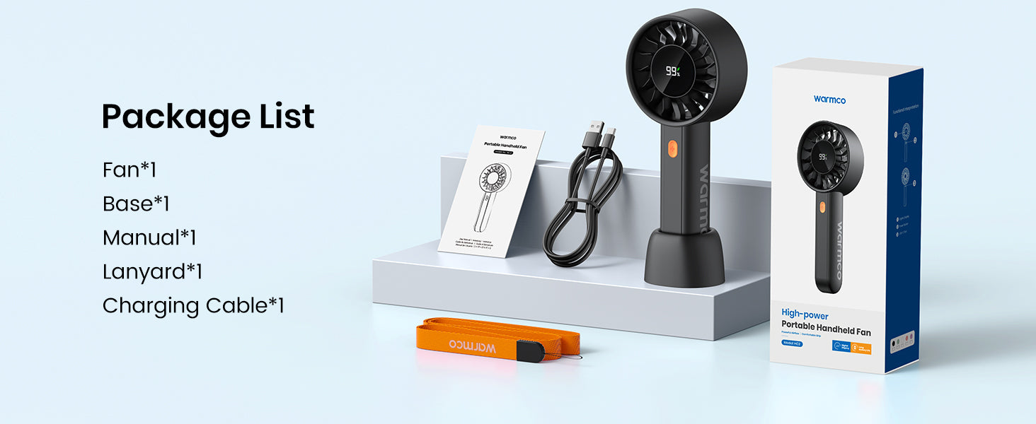 Warmco HC2 handheld fan — specs and packaging