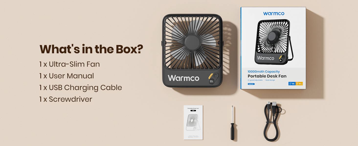 Warmco D3 desk fan — specs and package contents