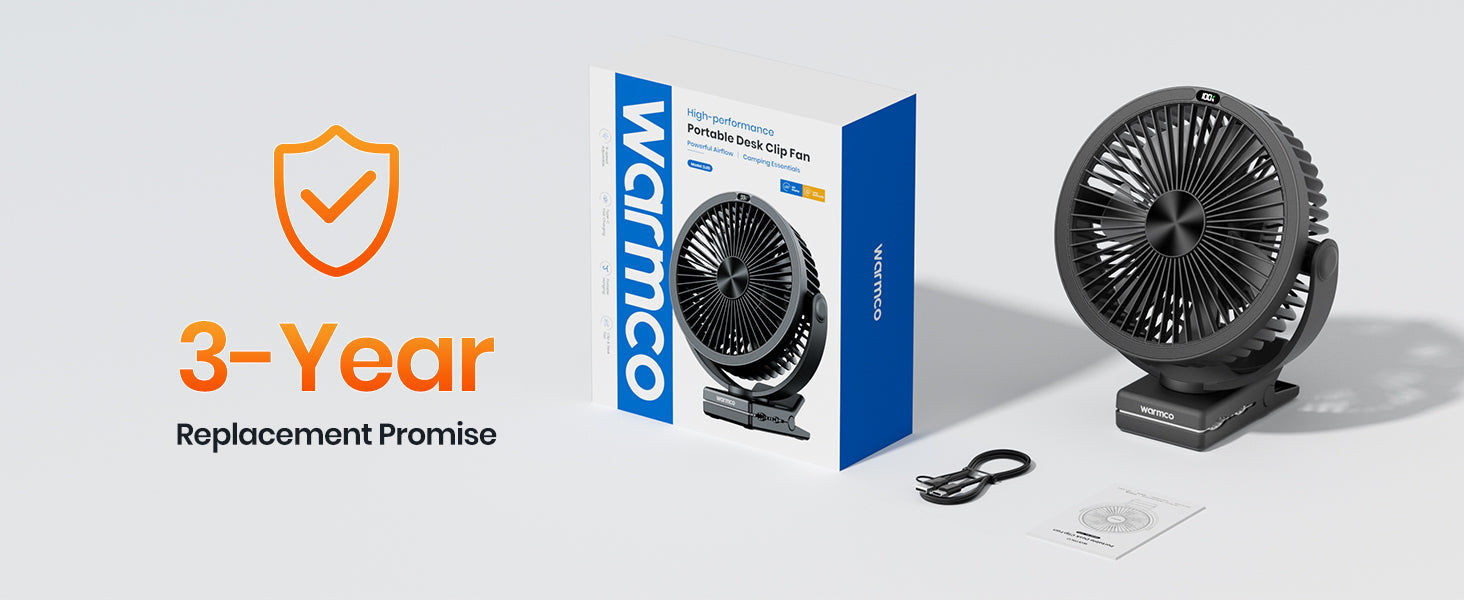 Warmco DJ10 clip fan — 3-year warranty safety protection